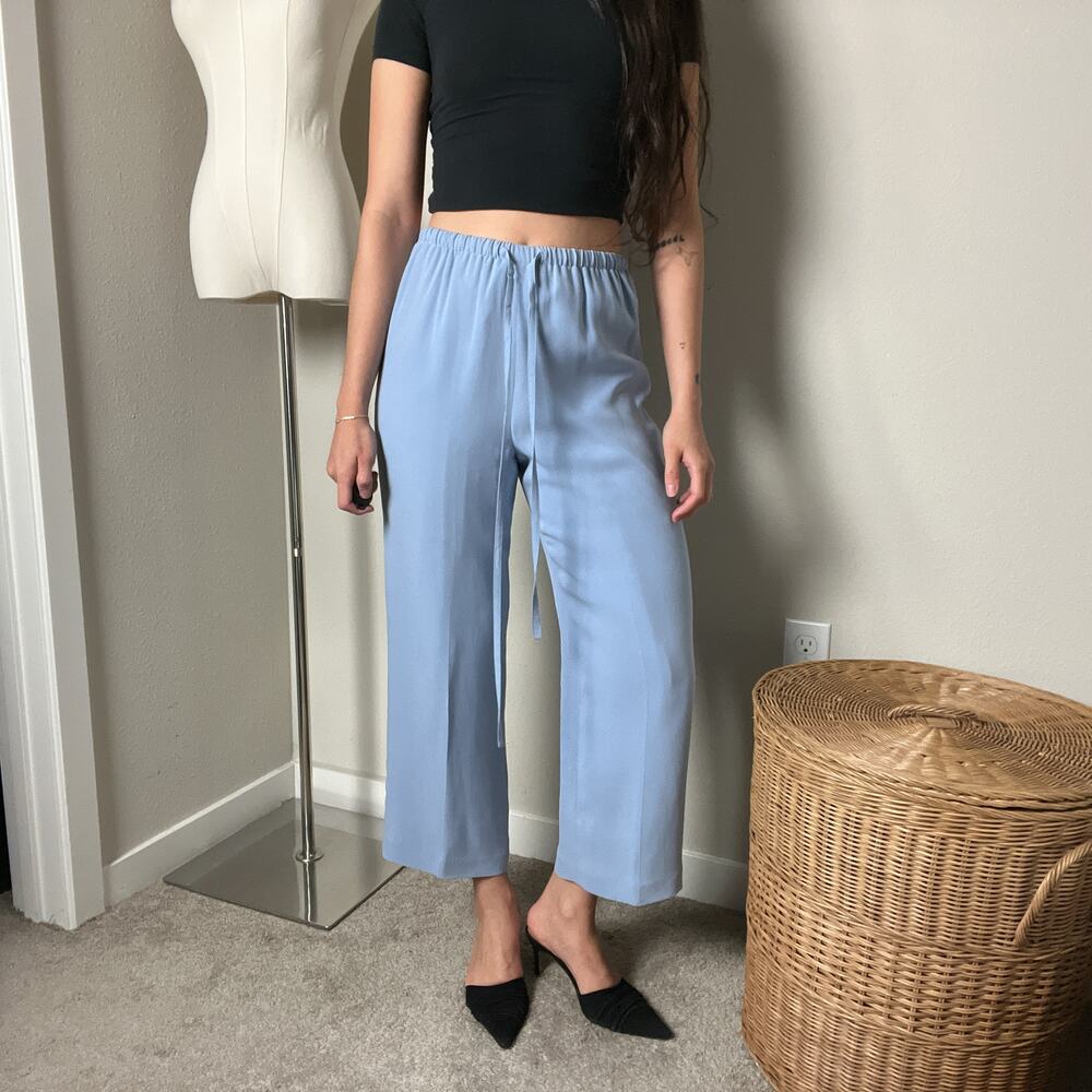 vintage dusty blue silk high waisted drawstring straight leg cropped pants - Picture 3 of 6